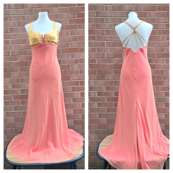 Mary L Couture Y2K Vintage dress Gown v notch Neon Pink Orange 10P Halter Petite